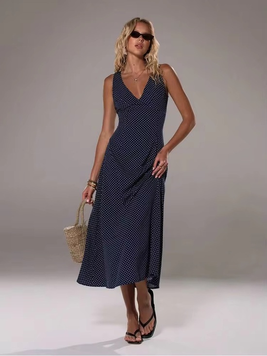 SHEIN Dresses & Skirts - Navy Polka Dot V-Neck Midi Dress - L